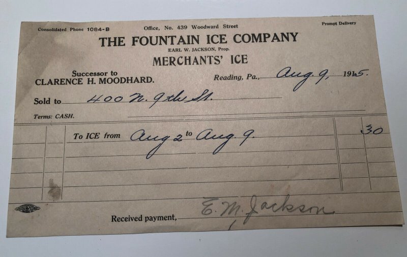 1915 The Fountain Ice Company Merchants Ice Reading PA Invoice Letterhead