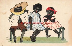 313941-Black Americana, Kosmos Art, Signed ADS,Boy Sitting on Bench Eating Melon