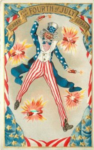 Embossed Postcard Fourth of July SB 258 Uncle Sam Throws Firecrackers, Unposted 