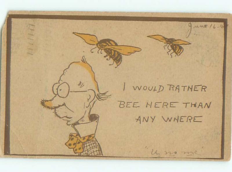 Pre-Linen Comic BUMBLEBEE BEES ON HEAD OF BALD MAN AB9324