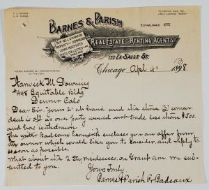 1898 Billhead Chicago Illinois BARNES & PARISH Real Estate Agent BH1