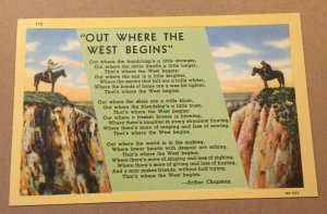 VINTAGE LINEN POSTCARD UNUSED - OUT WHERE THE WEST BEGINS