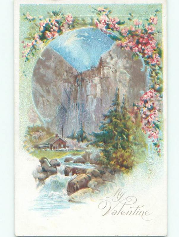 Pre-Linen valentine HOUSE BESIDE RIVER AND MOUNTAIN WITH FLOWERS k9614