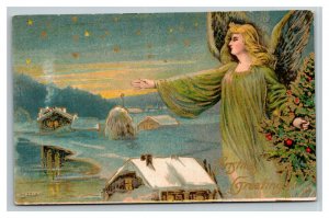 Vintage 1900's Christmas Postcard Angel with Xmas Tree Watching Over Small Town