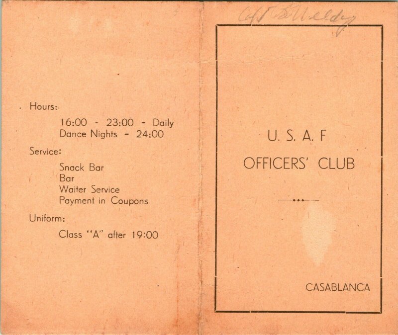 Vtg 1950s USAF Casablanca Morocco Officers' Club Cocktail Menu 