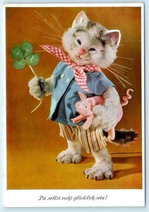 Dressed Cat DIEHL DOLL  Pussy Pig & 4 Leaf Clover 1961 German 4x6 Postcard