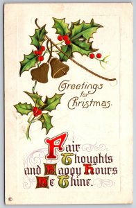 Greetings For Christmas~Gold Bells & Holly~Postmarked~Vintage Stecher Postcard