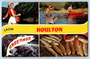 1960 Houlton Maine ME Vintage Postcard Greetings Multiview Fishing Fish Unposted