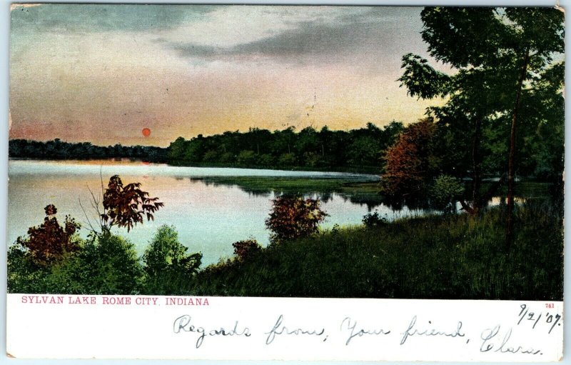 1907 Rome City, Ind. Sylvan Lake Litho Photo Postcard Beautiful Sun Set Rise A36