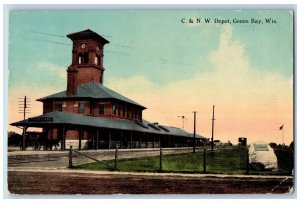 Green Bay Wisconsin WI Postcard C & N W Depot Train Station Railroad 1913 Posted