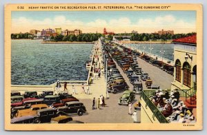 St Petersburg Florida~Recreation Pier Traffic Scene~Cars~People~Linen Postcard