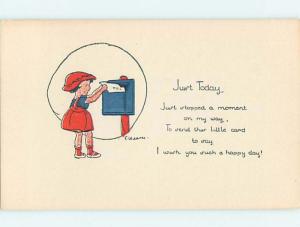 Pre-Linen signed WEAVER - CUTE GIRL MAILING LETTER AT USPS MAILBOX HJ4702