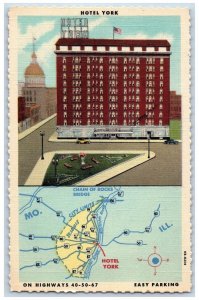 Saint Louis Missouri MO Postcard  Hotel York Building Exterior Map c1940's Cars