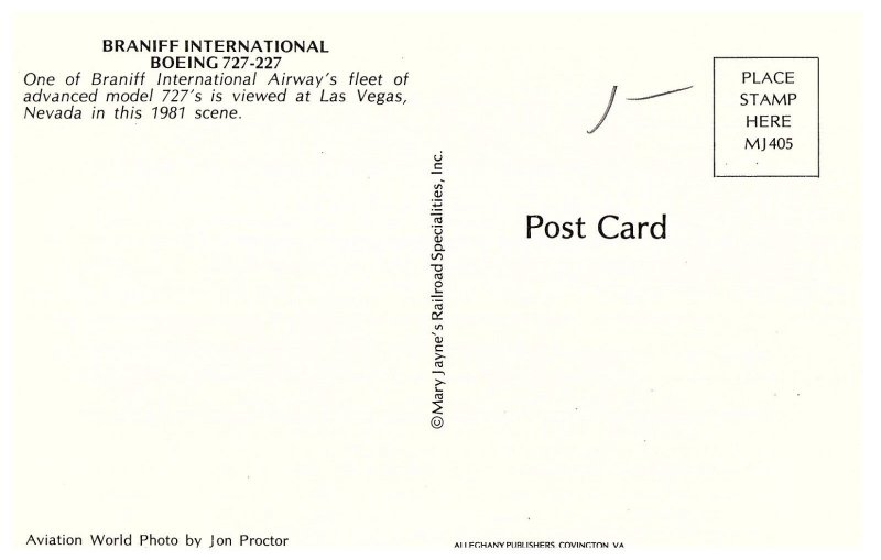 Braniff International Boeing 727-227 at Las Vegas 1981 Airplane Postcard