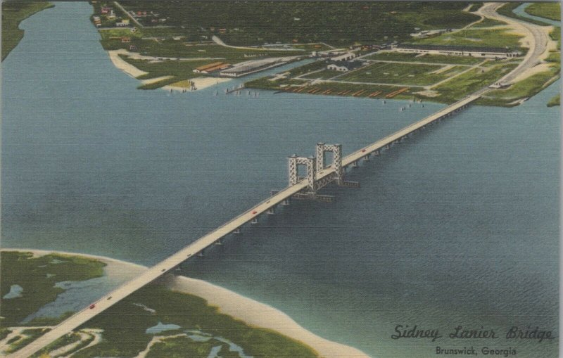 c1950s Birds eye view Sidney Lanier Bridge Brunswick Georgia US 17 linen D503 