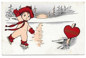 Valentine Postcard Danger Boy Skating toward Hole in Ice 