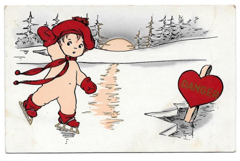 Valentine Postcard Danger Boy Skating toward Hole in Ice 