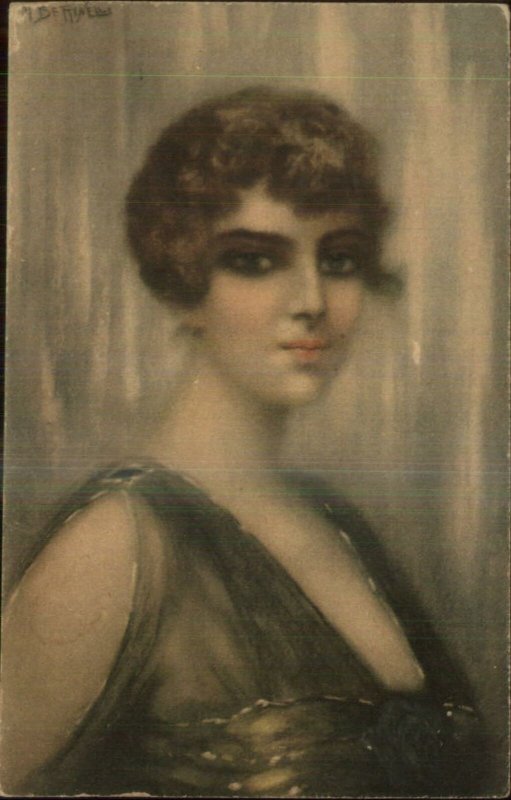 Beautiful Woman Eye Makeup Low-Cut Dress FRINELLI c1915 Postcard