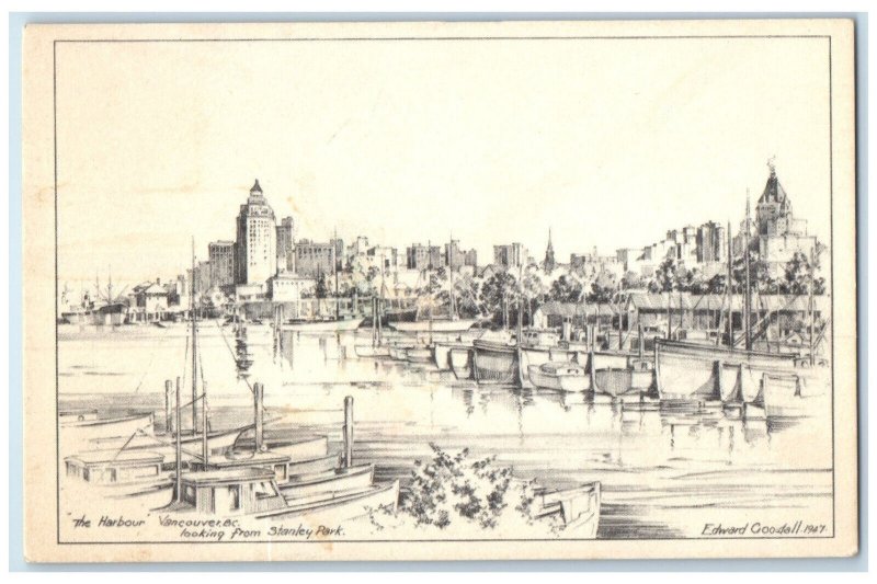 1947 The Harbour Looking from Stanley Park Vancouver BC Canada Sketch Postcard