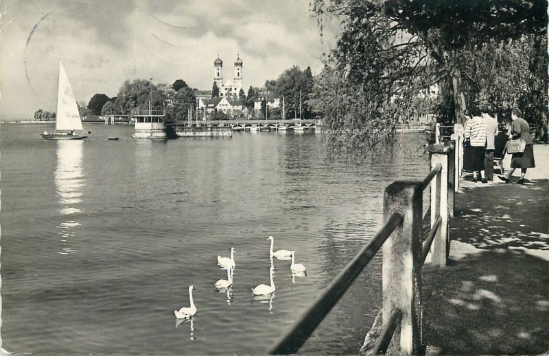 Germany Postcard Friedrichschafen am Bodensee sailing boat swans lake promenade