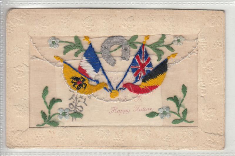 Novelty embroidered silk material allied flags patriotic World War I postcard