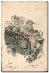 Postcard Old Car Female Children