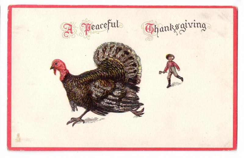 Tuck Thanksgiving Postcard Vntg Farmer with Ax Chasing Turkey Embossesd Glitter