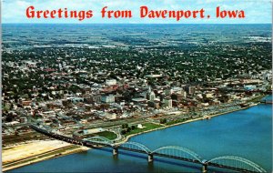 Aerial View Mississippi River Greetings from Davenport Iowa Postcard