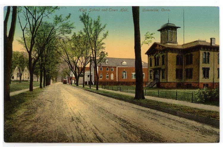 Unionville, Connecticut, Early View of The High School & Town Hall