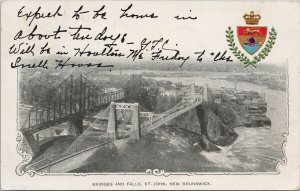 Bridge & Falls St. John New Brunswick NB Patriotic Coat of Arms Postcard G18