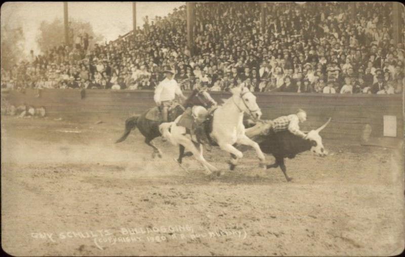 Cowboy Rodeo Guy Schultz Bulldogging c1920 Real Photo Postcard