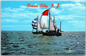 VINTAGE POSTCARD (2) SAILBOATS UNDER FILL SAIL ON PARKLING WATER OCEAN CITY N.J