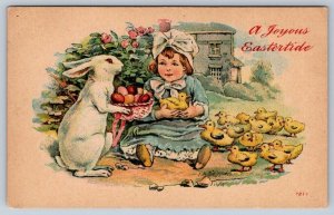 A Joyous Eastertide, Rabbit Offering Eggs To Girl With Chicks, Vintage Postcard