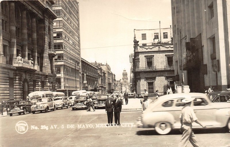 F55/ Mexico City Mexico Foreign RPPC Postcard c40s 396 Avenue Bus Stores