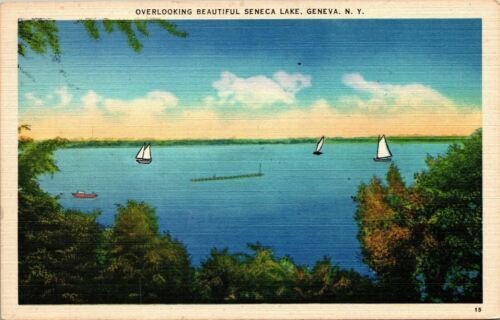 Overlooking Seneca Lake Geneva NY New York Linen Postcard VTG UNP Vintage Unused