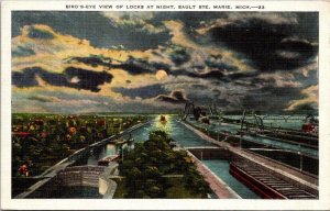 Michigan Sault Ste Marie Aerial View Of Locks At Night 1940