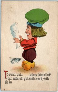 Vintage Comic Postcard Dutch Man To Read Yuhr Letters, I Chust Luff? 1915