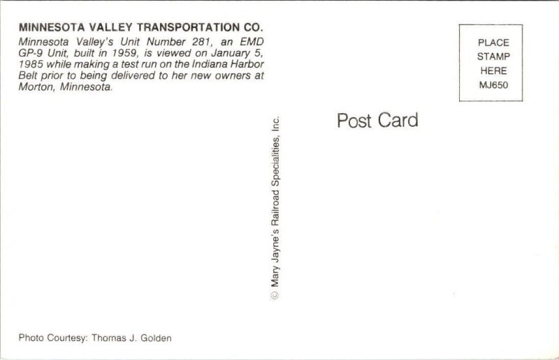 Vintage Railroad Train Locomotive Postcard - Minnesota Valley Transportation Co.