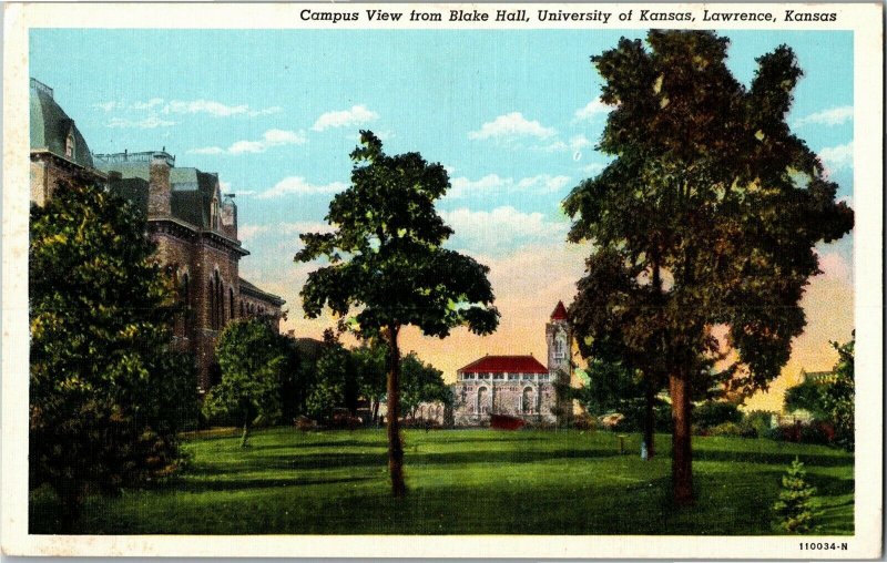 Campus View from Blake Hall, University of Kansas Lawrence Vintage Postcard C69