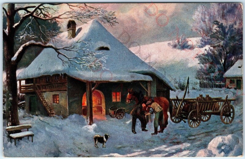 c1910s Homestead Men Work Winter Blacksmith Marke Egemes Serie 42 Postcard A153