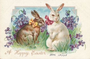 Easter Greetings - Rabbits with Ribbon Bows and Flowers - DB - Tuck