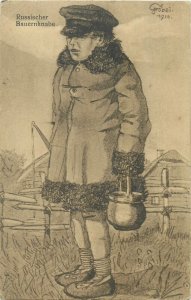 Drawn Russian peasant boy signed Grobel 1916 