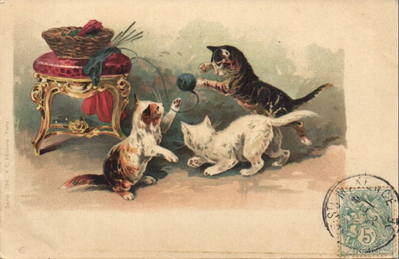PC CATS, THREE CATS PLAYING WITH BLUE THREAD, Vintage Postcard (b47176)