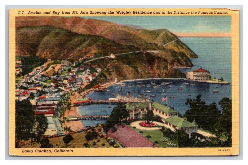 Birds Eye View Avalon Bay Santa Catalina Island CA Linen  Postcard V24