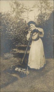 Pretty Woman Genuine Philadelphia Lawn Mower c1910 Real Photo Postcard