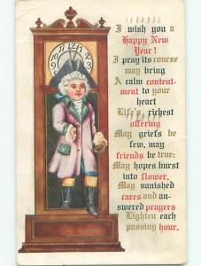 Pre-Linen new year BOY DRESSED IN COLONIAL CLOTHING BY GRANDFATHER CLOCK k5304