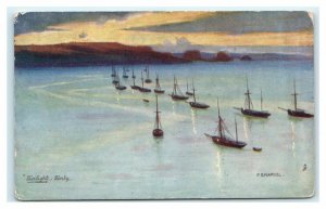 Tucks Oilette Boats at Twilight Tenby Wales F. Emanuel PM 1906 UK Postcard