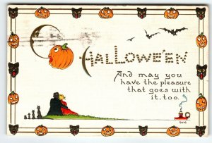 Halloween Postcard Black Cats JOL Moon Man Bats Bergman 9076 Unique Borders 1916