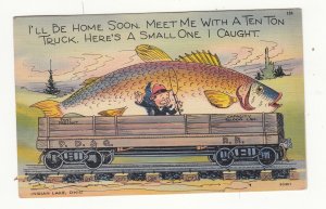 P3307 JL 1940 postcard RR train fast freight exaggerated fish a small 1 i caught