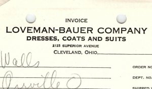 1938 LOVEMAN-BAUER CO. CLEVELAND OH DRESSES COATS SUITS BILLHEAD INVOICE Z1041